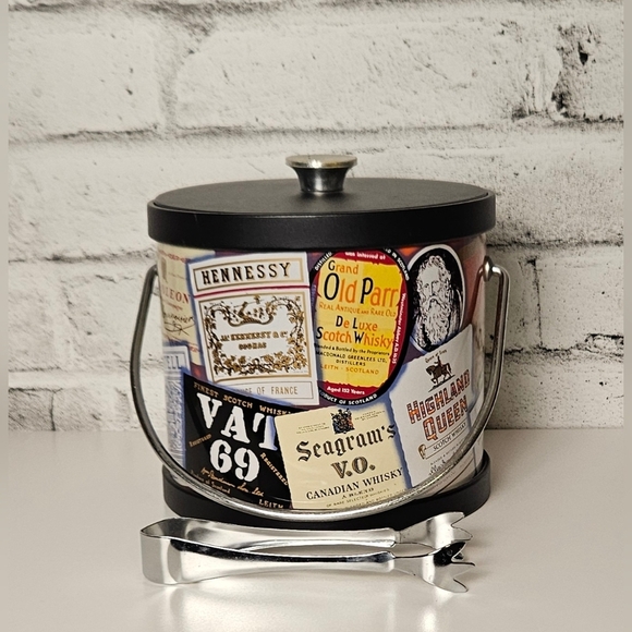Vintage Whisky Label Ice Bucket w/ Tongs | Retro Barware Bar Cart Decor - Picture 4 of 12